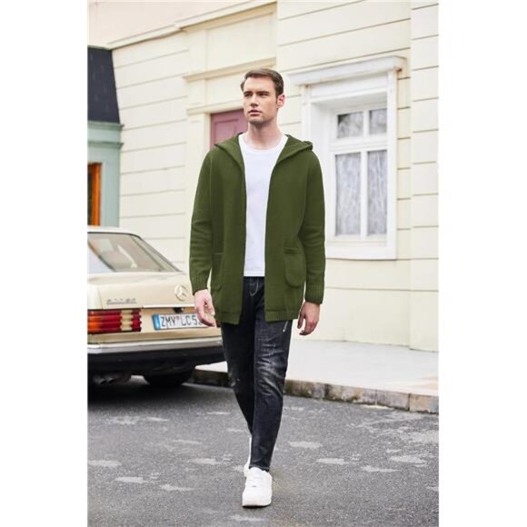 Men's Long Open Front Cardigan Sweater Hooded Knitted Cardigan with Pockets - Picture 3 of 6